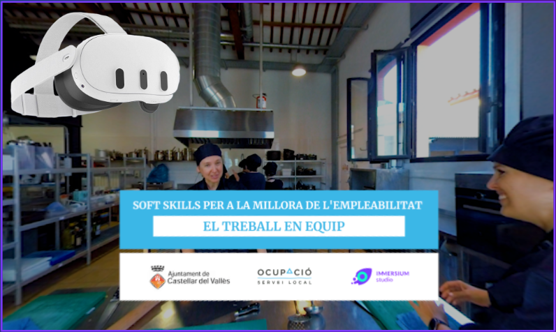 Persones en un entorn de cuina usant realitat virtual per a formació en soft skills.